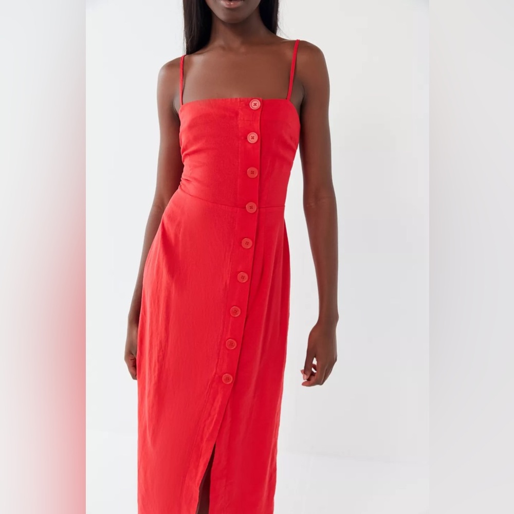 Urban Outfitters Women's Onyx Linen Button-Front Midi Dress in Red Size XS